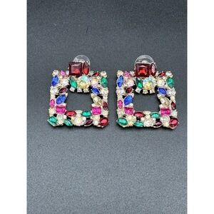 Square Metal Hollowed-Out Hanging Colorful Crystals Dangle Drop Earrings